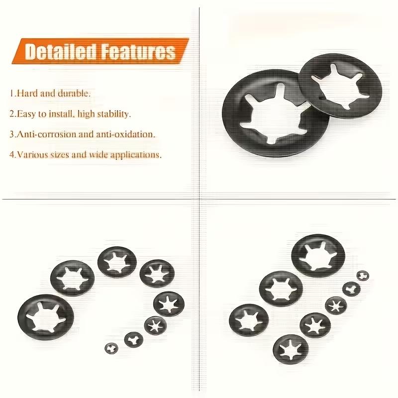 280 Pcs Internal Tooth StarLock Washers Assortment Kit 8 Sizes Quick Fastening Set 65Mn Steel Black Oxide Star Lock Washers for Hardware Repair  Mechanical Fixing