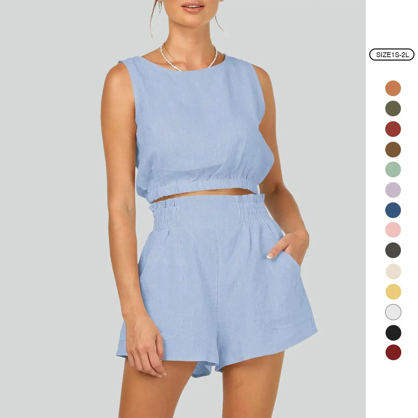 Imily Bela Women's 2pcs Summer Outfits Sleeveless Crop Tank Top and High Waist Pocketed Shorts Loose 2 Piece Short Sets