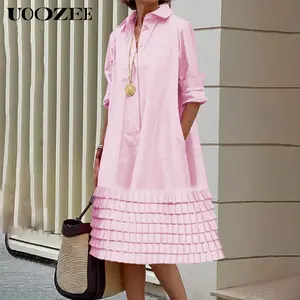 UOOZEE Women's 2026 New Solid Color Cotton Shirt Dress - Long Sleeves, Layered, Loose, Elegant, Midi Length, Pleated Hem, Pockets - Suitable for Office, Party, Evening Wear