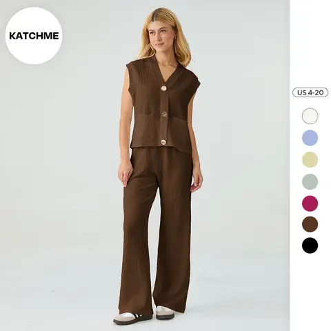 KatchMe Women's Versatile V Neck Gold-Toned Button Decor Loose Tank Top & Wide Leg Trousers Co-ord, Summer 2 Piece Set, Minimalist Two Piece Outfits