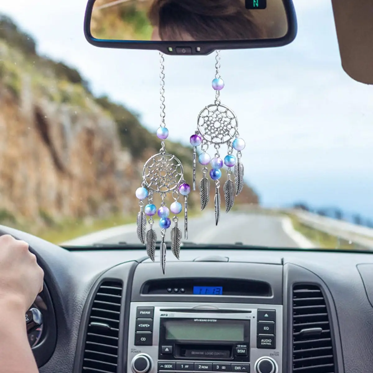 Car Rearview Mirror Butterfly Net Moon Hanging Ornament, Colorful Bead Wind Chime Car Decoration, Interior Accessories for Cars, Car Interior Accessory, Car Interior Decorative, Automotive Decoration, Car Trinkets