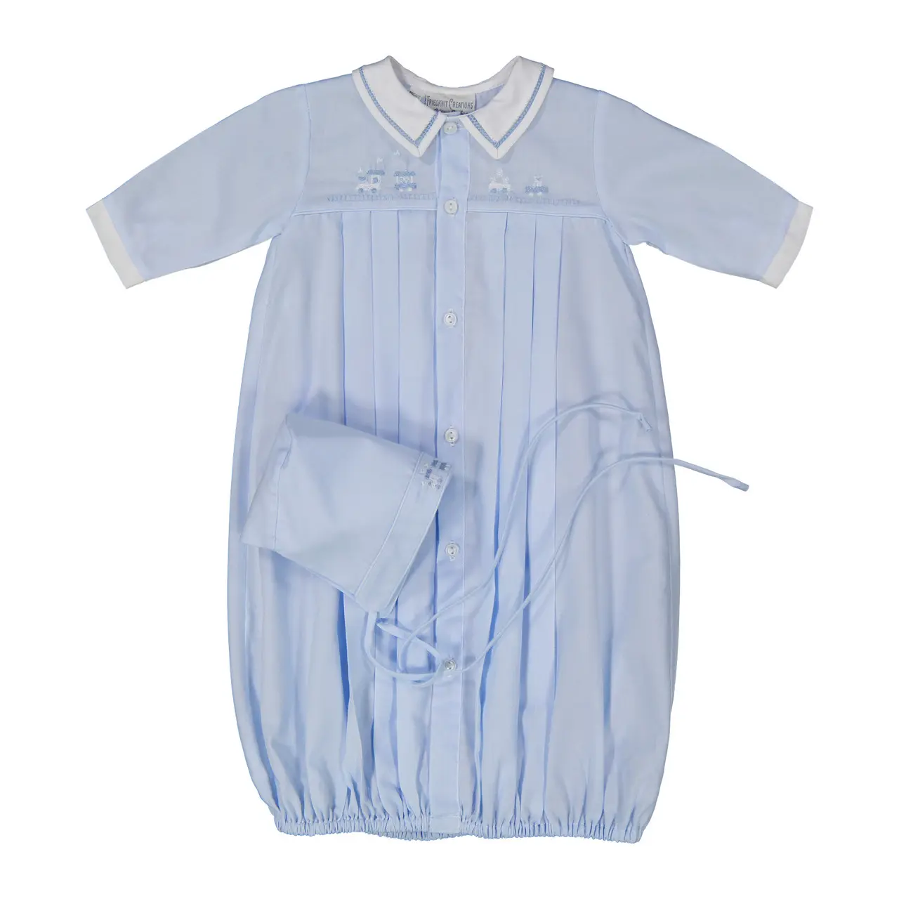 Preemie Train Pleated Take Me Home Gown with Bonnet