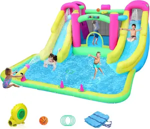 JOYMOR 10-in-1 Inflatable Water Slide Bounce House w/2 Slides, 2 Climbing Wall, Ring-Toss, Large Pool, 1min Blow Up Water Slides for Kids Backyard Includes 750w Air Blower, Storage Bag