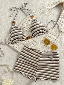 New Beach Pool Party Vacation Fashion Sexy Striped Special Fabric Colorful Beads Briefs Halter Bikini Set Two-Piece Swimsuit Women