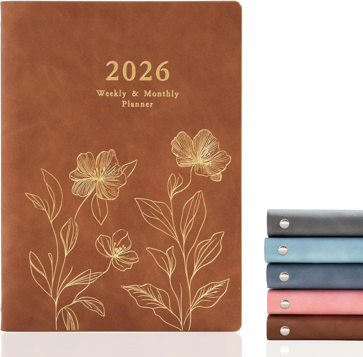 2026 Planner Weekly and Monthly Calender, Jan. 2026 - Dec. 2026, PU Leather Flower Refillable Planner with 12 Monthly Tabs,  Gifts for Teens Girls and Boys (6.7"x9.1", Brown)