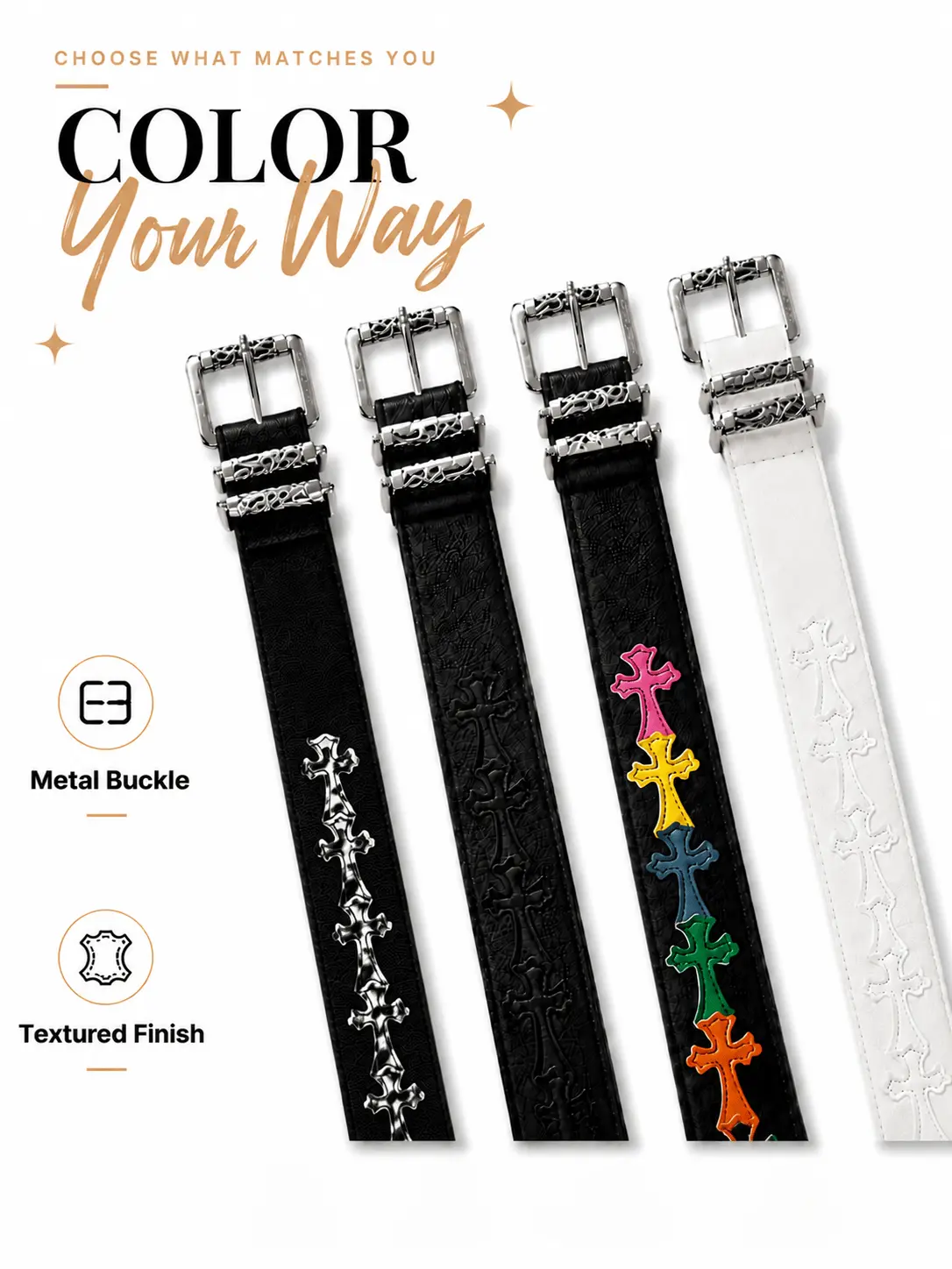 Unisex Pebbled Roller Belt – Trendy Casual Waistband with Colorful Cross Design, Detailed Metal Buckle, Textured Finish for Streetwear Outfits, Men’s Accessories, Women’s Accessories, Cross Accent, 110cm Casual Wear Belt