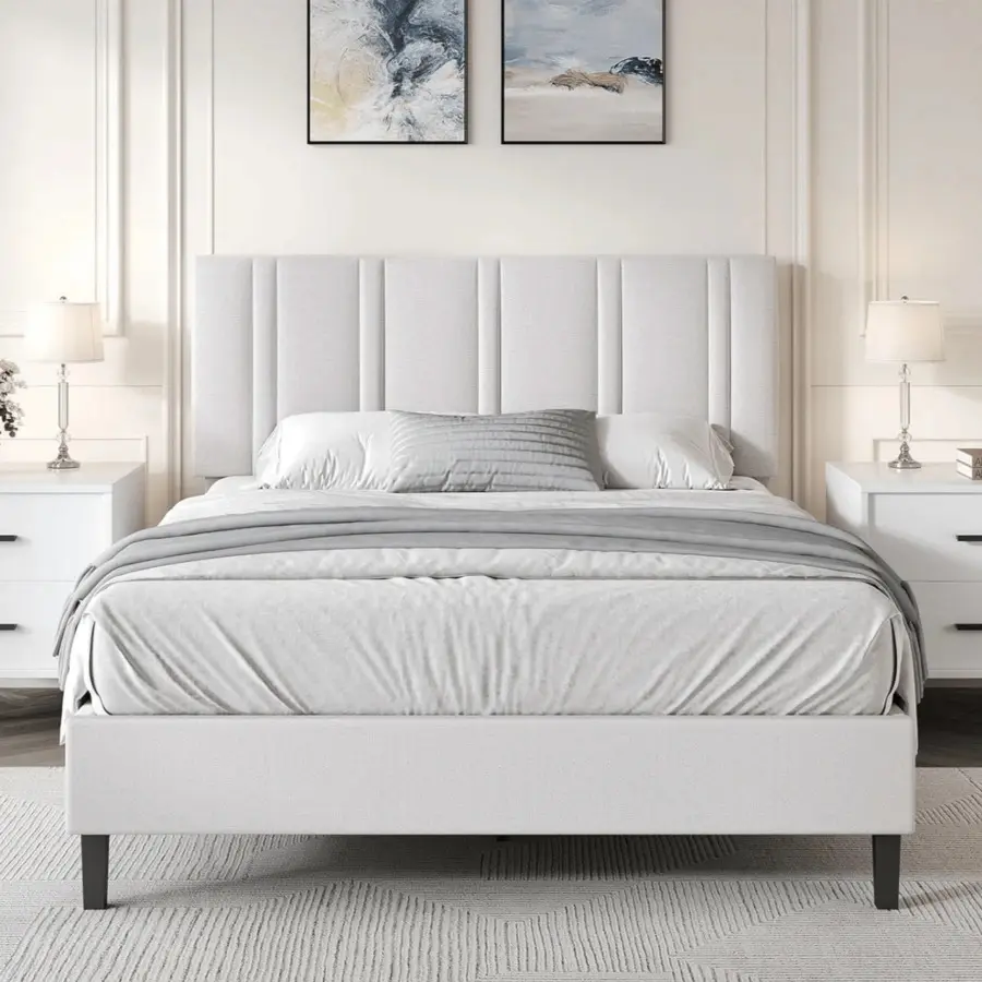 Upholstered Bed Frame With Headboard, Linen Fabric Platform Bed Frame With Tufted Headboard, No Box Spring Required, Easy Assembly, Pink/ White/ Black/ Blue, Twin/ Full/ Queen