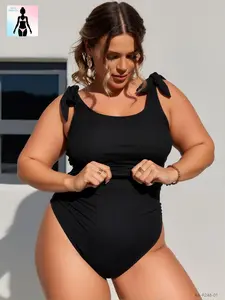 Aura Swim Women's Solid Black Ribbed Tummy Control 1-Piece Swimsuit - Shoulder Tie, Slimming Monokini, Plus Size Clothes for Curvy Women, Summer Beach Pool Essential