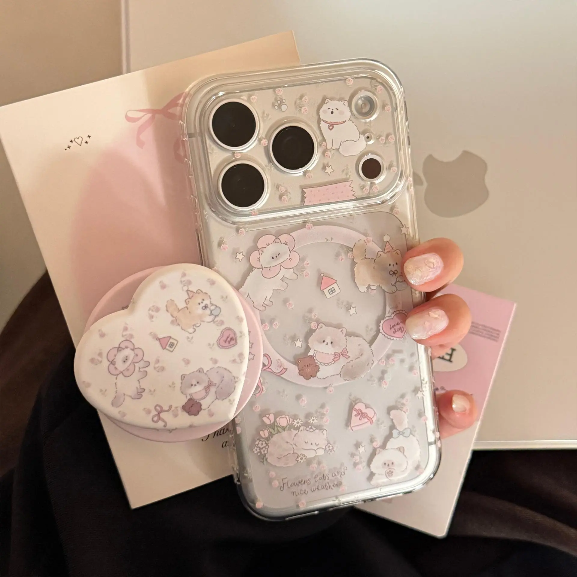 Girly Pink Glitter Floral Kitten Pattern Soft Phone Cover Built-In Magnetic Ring Stand For Apple iPhone 11 / 13 / 15 / 16 / 17 / 17 Pro Max, Full Wrap Anti-Drop Anti-Fingerprint Cell Phone Shell