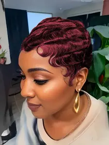 Short Layered Brazilian Human Hair Ocean Finger Wave Pixie Cut Wig Glueless Curly Wig for Women Daily Party Use Glueless Hair Wigs