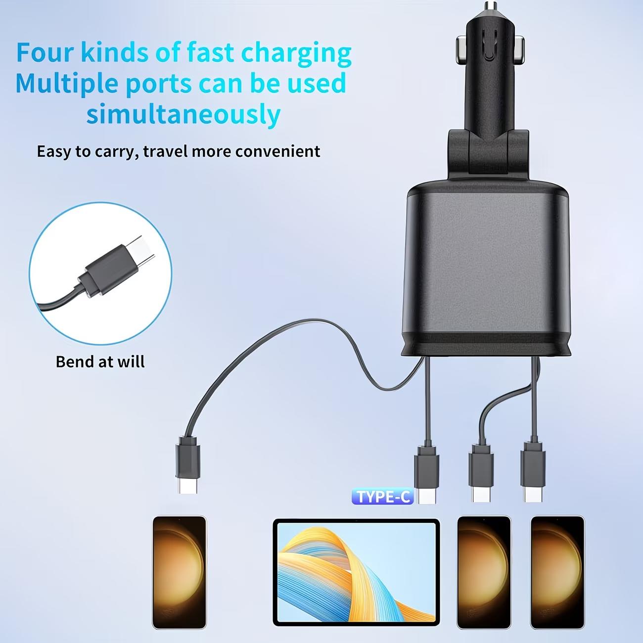 4-in-1 Car Roof Super Fast Retractable Car Charger with Anti-Tangle Retractable Cables, Dual Charge Port，Starlight In Roof Fast Charging Adapter -Automotive car charger led light Vehicle