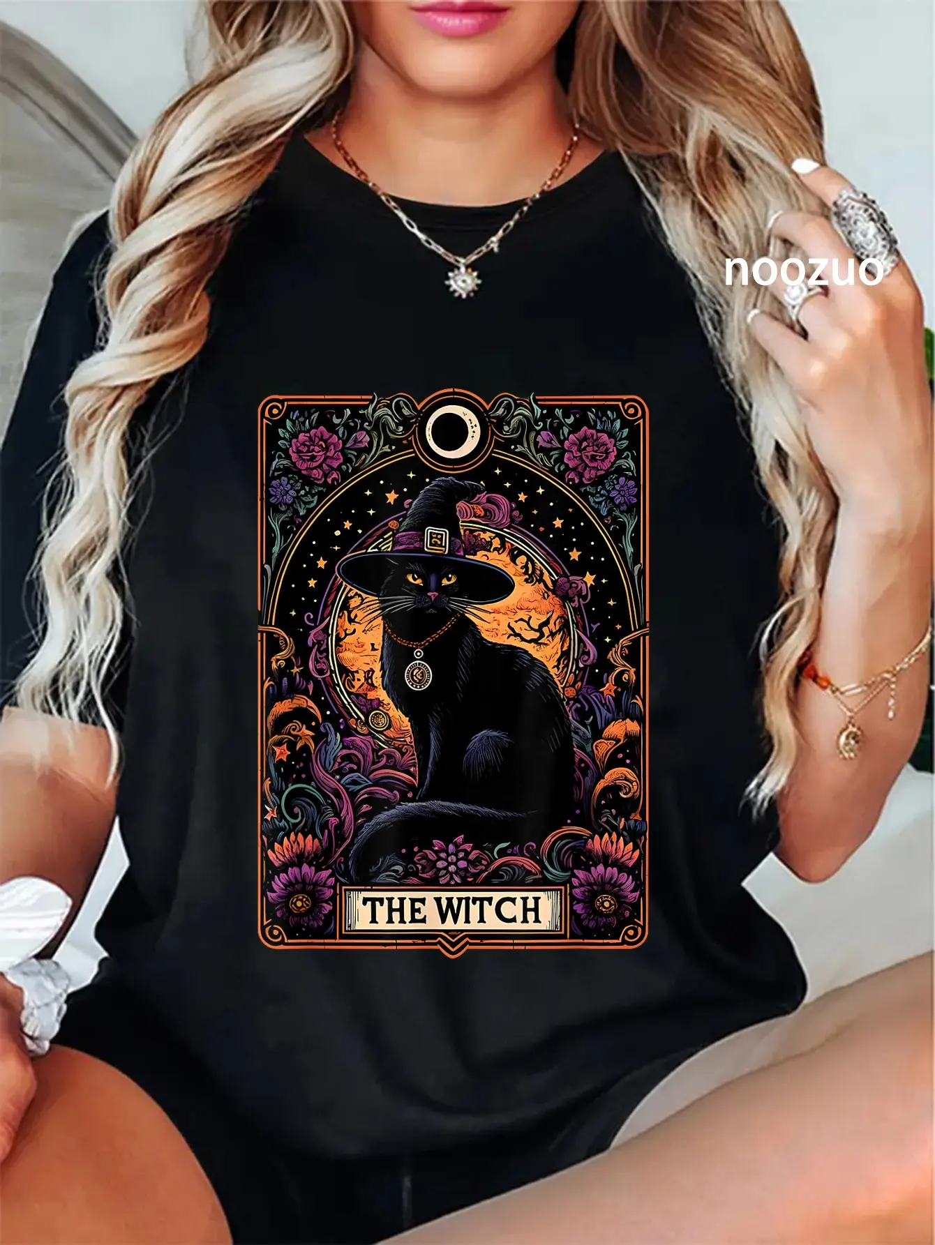 100% Cotton Unisex The Witch Cat Tarot Card Halloween Vintage Gothic T-Shirt for Men Women Casual Top
