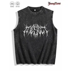 Menswear 100% Cotton Breathable Casual Tank Top - Retro Vintage Acid Wash Sleeveless Muscle Tee with Metalcore Graphic, Men's Casual Clothes for Summer Festival
