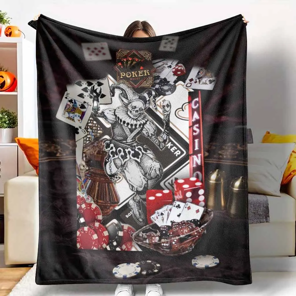 Casino Poker Night Flannel Fleece Throw Blanket, Unique Joker Skull & Playing Card Pattern, Ultra Soft Lightweight Warm Breathable Durable, Ideal for Living Room Sofa Gaming Room Decor, Birthday Gift