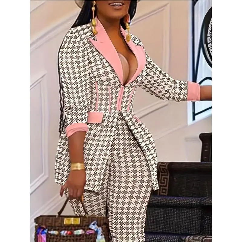 Fashion Women's Two-Piece Set - Zippered Long Sleeve Suit Jacket and High-Waisted Slim-Fit Pants with Chic Houndstooth Print Design for a Stylish, Elegant Look