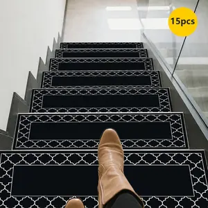 15pcs of Black And White Patterned Stair Mats, Non-Slip Stair Carpets, Protective Step Carpets, Bordered Stair Mats for Home Decoration, Suitable for Indoor/Outdoor Stairs, Wooden Or Hard Surfaces