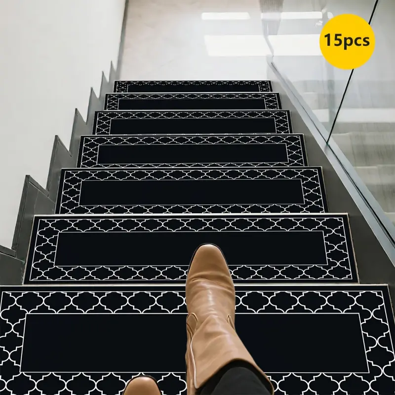 15pcs of Black And White Patterned Stair Mats, Non-Slip Stair Carpets, Protective Step Carpets, Bordered Stair Mats for Home Decoration, Suitable for Indoor/Outdoor Stairs, Wooden Or Hard Surfaces