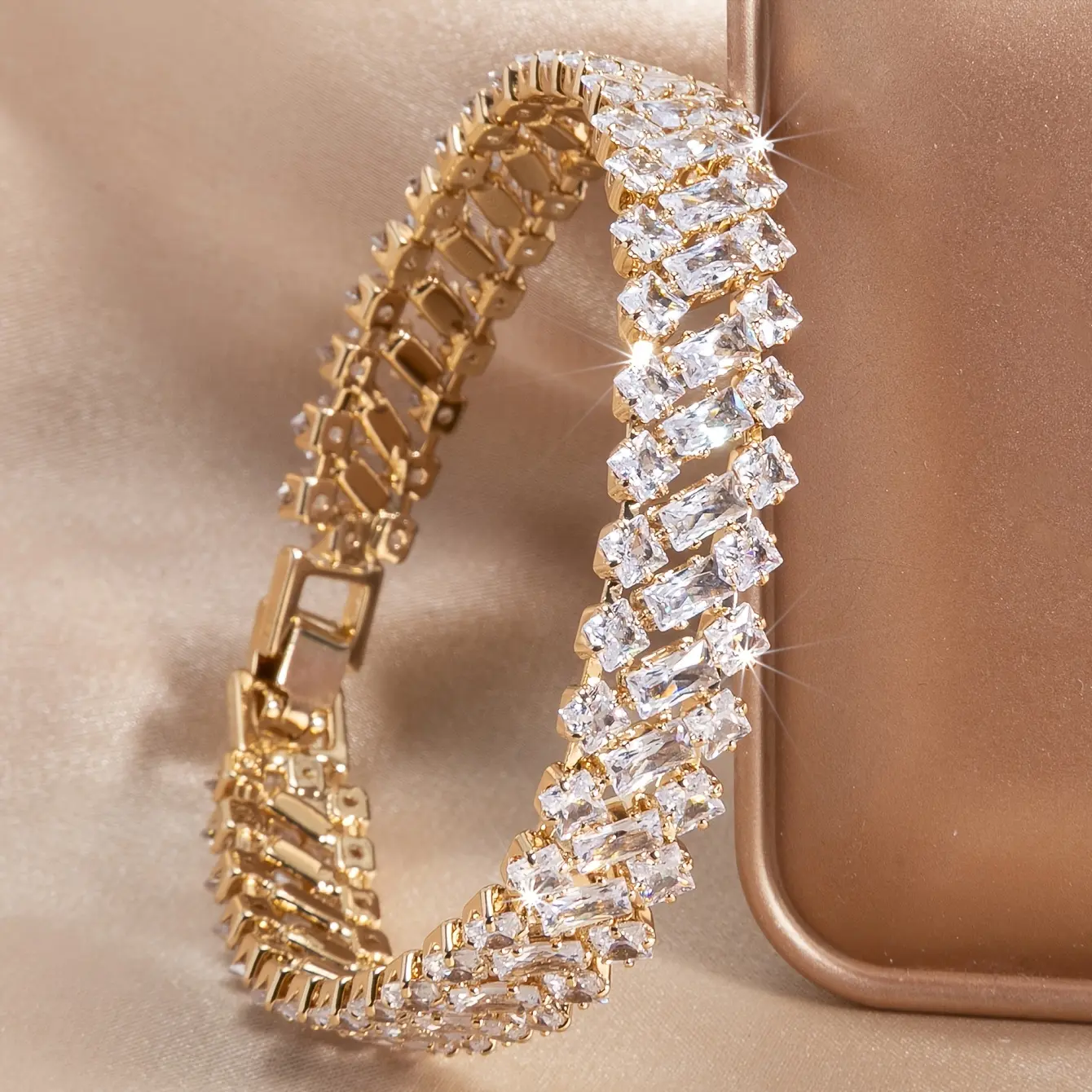 Women's Fashion Watch and Bangles Set, Finely Crafted Gold-Tone Jewelry with Zirconia Stones for a Chic Look, Gift for Her, Female, Fine Craft, Bracelet, Daily Wear, Sparkling Gems, Copper Base, Elegant, Synthetic, Bangle, Wrist Candy