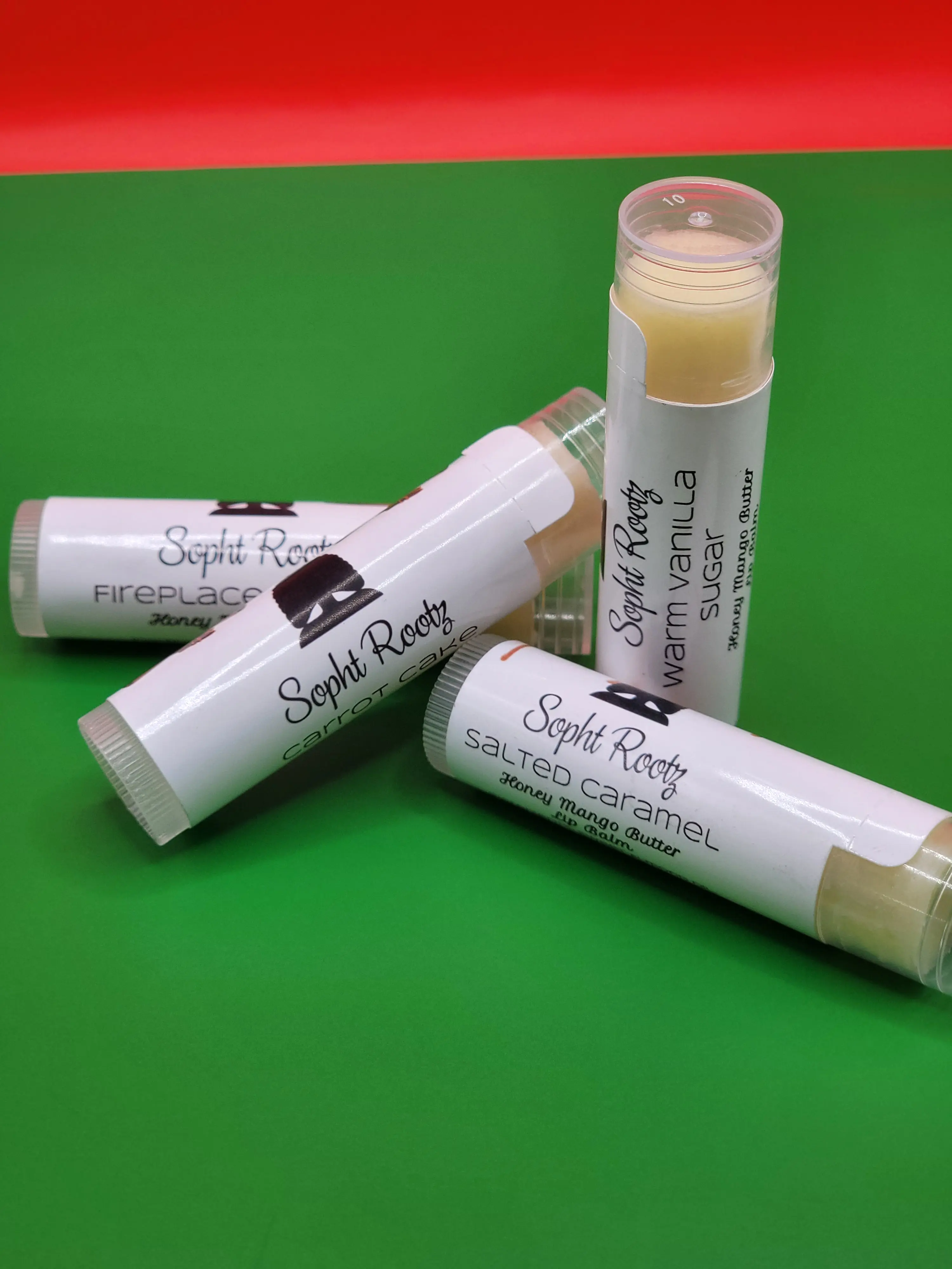 Holiday Beeswax Honey Butter Lip Balms - Warm Vanilla Sugar, Carrot Cake, Fireplace Embers, and Salted Caramel - By Sopht Rootz