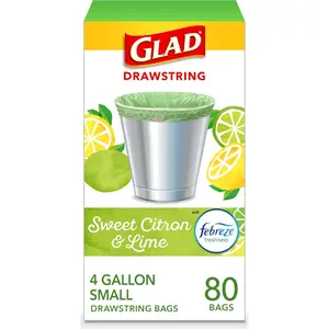 Glad Small Trash Bags 4 Gallon, Febreze Sweet Citron & Lime Garbage Bags, Odor Resistant with Drawstring, 80 Count