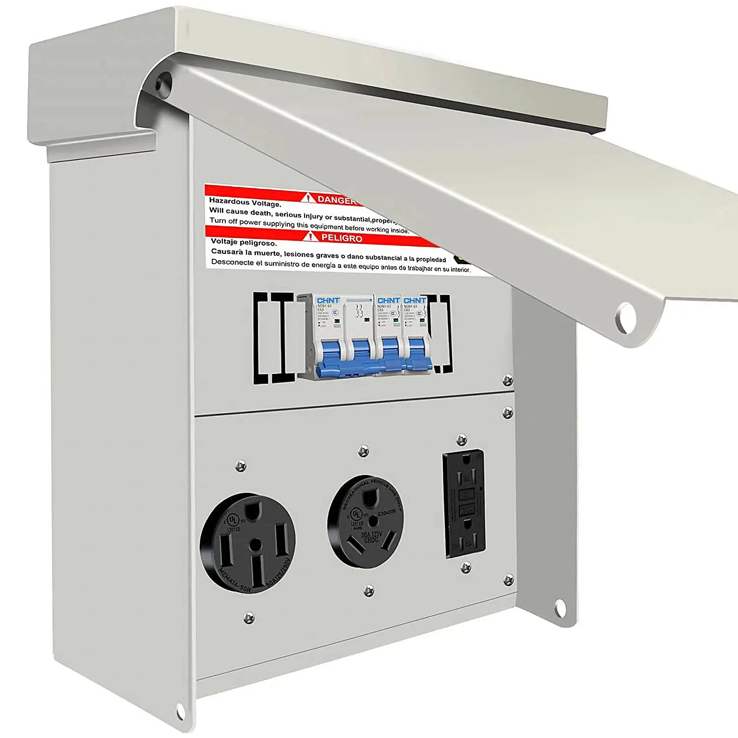 Loveinlast Temporary Power Outlet Panel,RV Electrical Outlet Panel with 20,30,50 Amp Receptacle Installed,with Breaker,Prewired and Unmetered,Weatherproof,Fit for motorhomes and Construction Sites