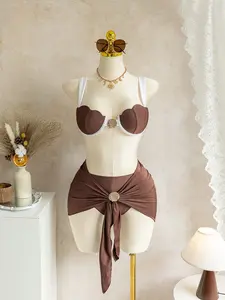 Women's Summer Bikini Three-Piece Set, Fashion Shell Top with Thick Straps, Half Skirt with Metal Shell Accessories, Perfect for Beach Vacation, Swimsuit Set