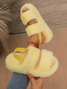 Fashionable Plush Slippers with Thick Sole, Elastic Back Strap, Warm Lining, Striped Open-Toe Design, Non-Slip Rubber Bottom, Slippers Indoor