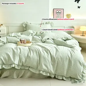 3pcs Classic Blue Plaid Bedding Set, Soft ruffles duvet cover and Pillowcases(without any filling), Zipper Design, Easy Wash, Comfortable Fabric, All Seasons, Soft Bedding Sets, Bedroom Bedding Set