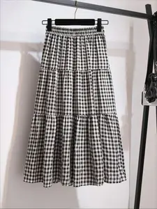 Cute Plaid Print Layered Dress for Women, Lady Womenswear Bottom, High Waist Elastic Waistband, Flowy Frill Midi Skirt, Casual Loose-Fitting All Seasons