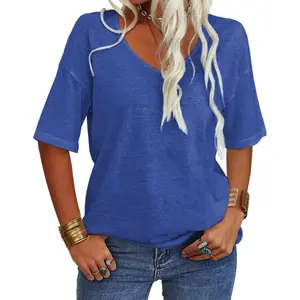Imily Bela US Women Fashion V-Neck Half Sleeves Oversized T Shirt Solid Casual Loose Basic Tops