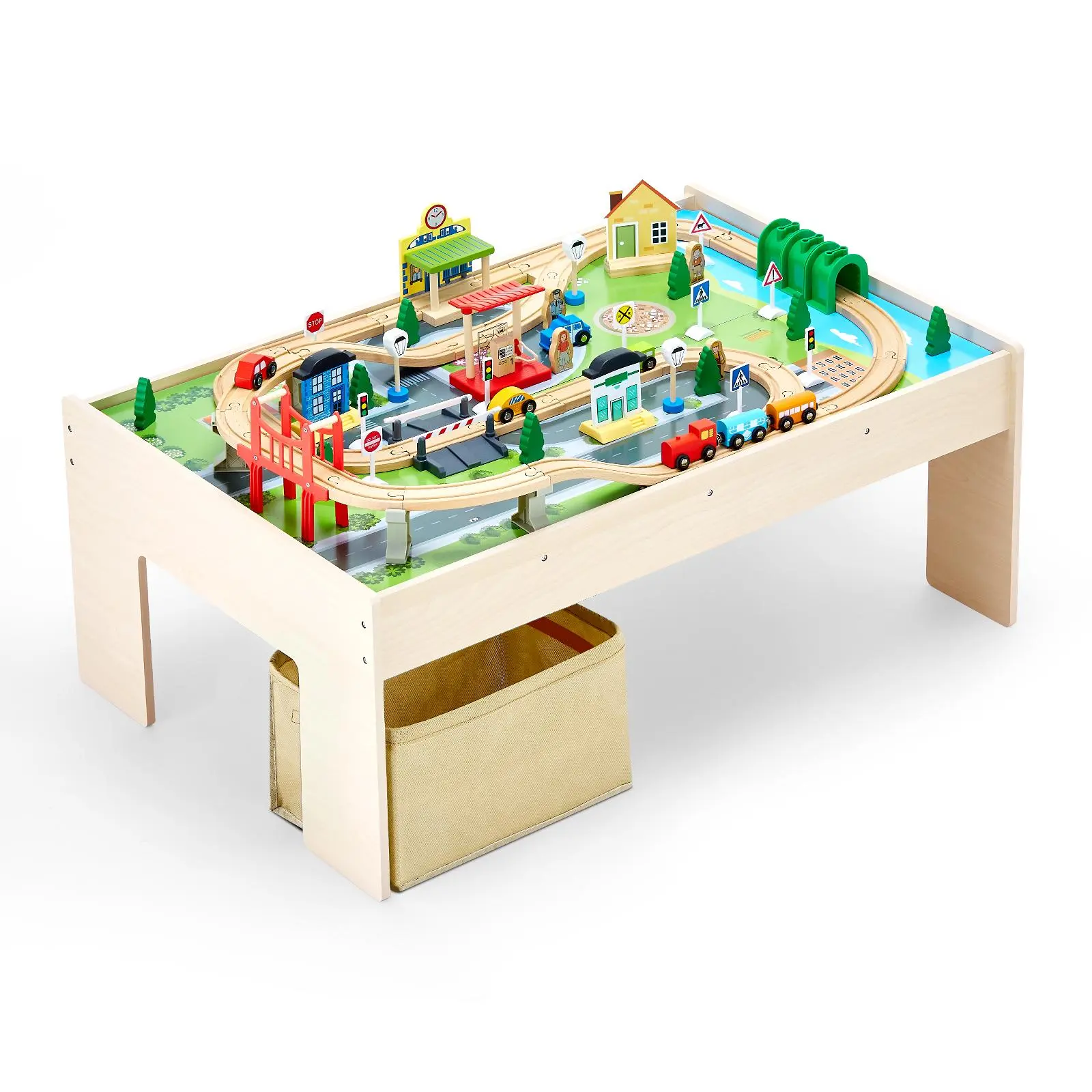 3-in-1 Wooden Train Table Building Blocks Set for Kids Ages 3+, 84 Multicolor Rail Track Blocks, Collapsible Storage Bin, Wooden Tabletop - Construction Model, Creative Kit, DIY Set, Creative Building Block