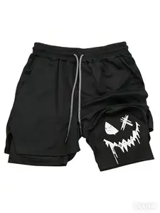 Men's Modern Monster Face 2-In-1 Gym Shorts, Fitness Training Shorts, Loose-Fitting Sporty Style, Graphic Pattern, Casual Wear