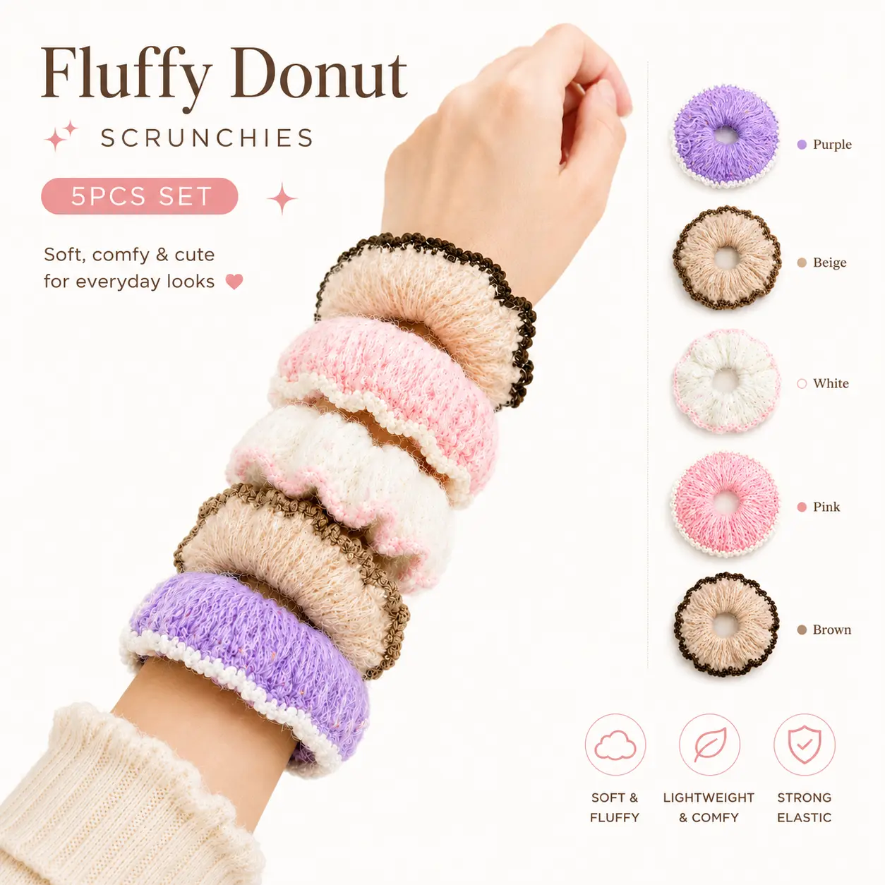5PCS Fluffy Donut Scrunchies, Soft Knit Hair Ties, Cute Aesthetic Fashion Hair Accessories