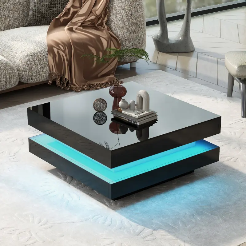 2-Tier Square High Gloss Minimalist Coffee Table with LED Lights - Indoor Living Room Center Table, 31.5''x31.5''x14.2'', Coffee Tables