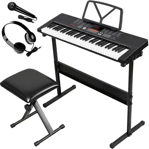 Zeny 61-Key Digital Electric Piano Starter Kit with Adjustable Stand, Stool, Microphone, Headphones, LED Screen, 300 Rhythms, 50 Songs, Portable Music Keyboard Gift for Beginners