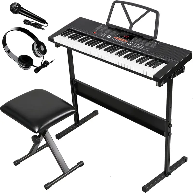 Zeny 61-Key Digital Electric Piano Starter Kit with Adjustable Stand, Stool, Microphone, Headphones, LED Screen, 300 Rhythms, 50 Songs, Portable Music Keyboard Gift for Beginners