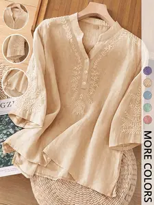Women's Pure Color Embroidered Casual Loose V-Neck Button Blouse Shirt Top, Stylish Artistic Aesthetic Design, Comfortable and Versatile Wear