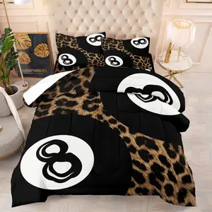 Black Leopard Print Lucky 8 Ball Comforter Quilt Set, Vintage Billiard Pattern Bedding Set, Soft Comfortable Fabric, Y2K Aesthetic, Teen Adult Bedroom Decor