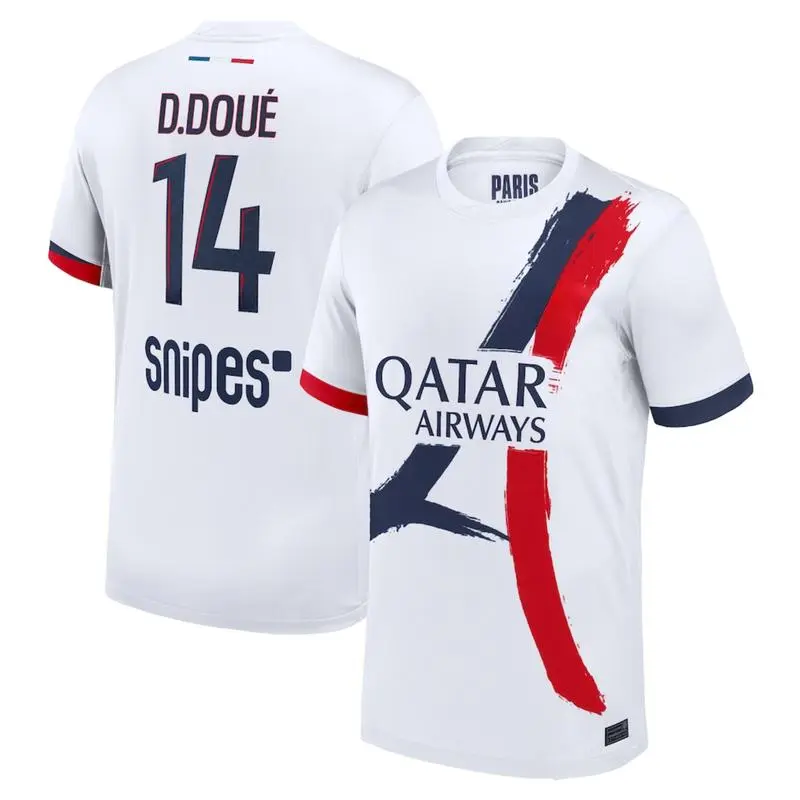 PSG O. Dembél / D. Doué  White Color Away Soccer Shirt, PSG Ousmane Dembélé White Away Color Short Sleeve Soccer Jersey