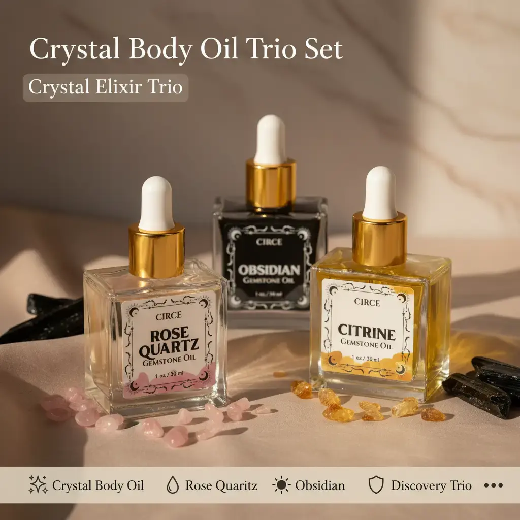 Crystal Body Oil Discovery Trio Set – Rose Quartz, Citrine & Black Obsidian | 3-Piece Gemstone-Infused Shimmer Oil Sampler 1oz Each | Hydrating Botanical Glow Oil with Vitamin E for Body, Face & Hair – Circe Boutique