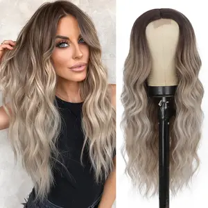Long Grey Wavy Middle Part Wig for Women Synthetic Curly Wigs Natural Wavy Heat Resistant Wig for Daily Party Use 26inch