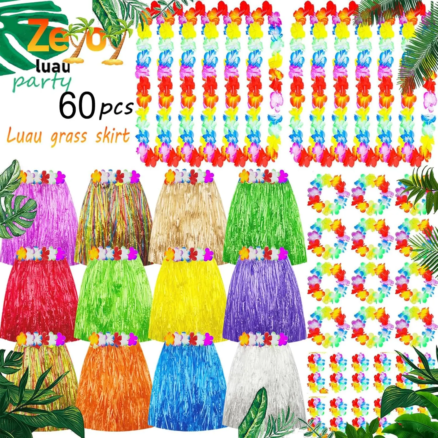 Hawaiian hula skirts & leis themed party decorations,Adult Luau Grass Skirt Suitable for Tropical Beach PartieGift.