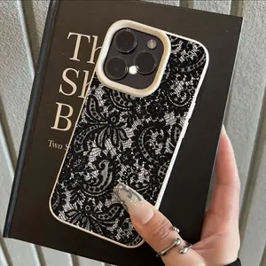Black lace pattern lychee texture phone case, suitable for iPhone 17 16 15 14 13 12 11 11pro 12pro 13pro 14pro 15pro 16pro 17pro 11pro max 12pro max 13pro max 14pro max 15pro max 16pro max 17pro max 14plus 15plus 16plus 17air series models