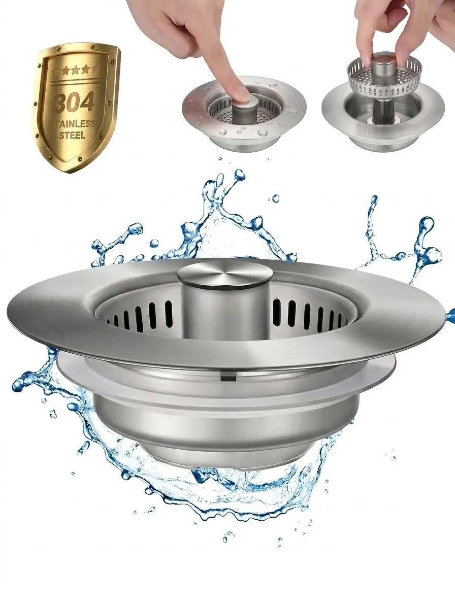 3-in-1 Kitchen Sink Strainer – Stainless Steel, Anti-Clog, Odor-Proof & Fits 3.5" US Standard Drains Water Flow Pp Basket Cleaner Smooth