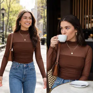 HAOROSE Women's Contour Long Sleeve Mesh Body Sculpting Top Premium Seamless Leotard for Evening Wear & Trendy Outfits Breathable Comfortable Versatile Stylish Design