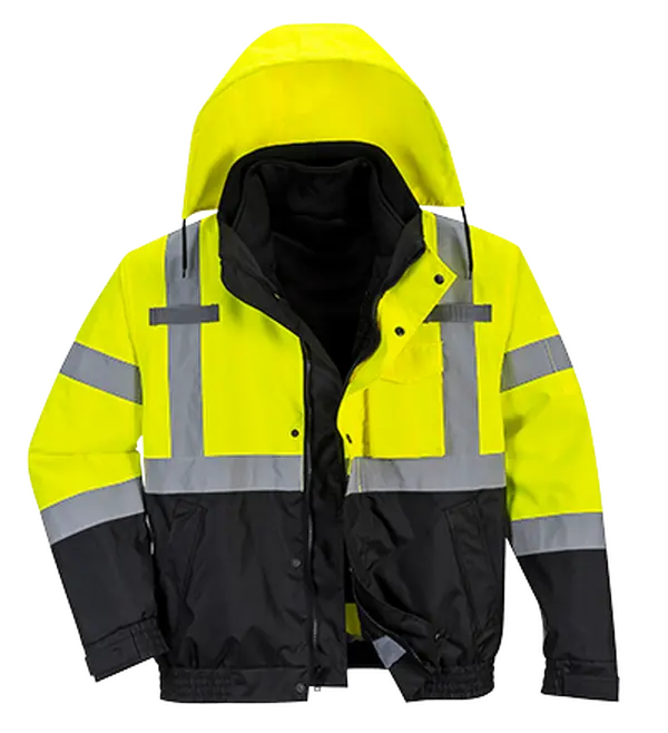 Portwest US365 Large Hi-Visibility Premium 3-in-1 Waterproof Bomber Work Safety Coat - Yellow & Black, Regular Fit, Reflective Clip-On Jackets & Coats