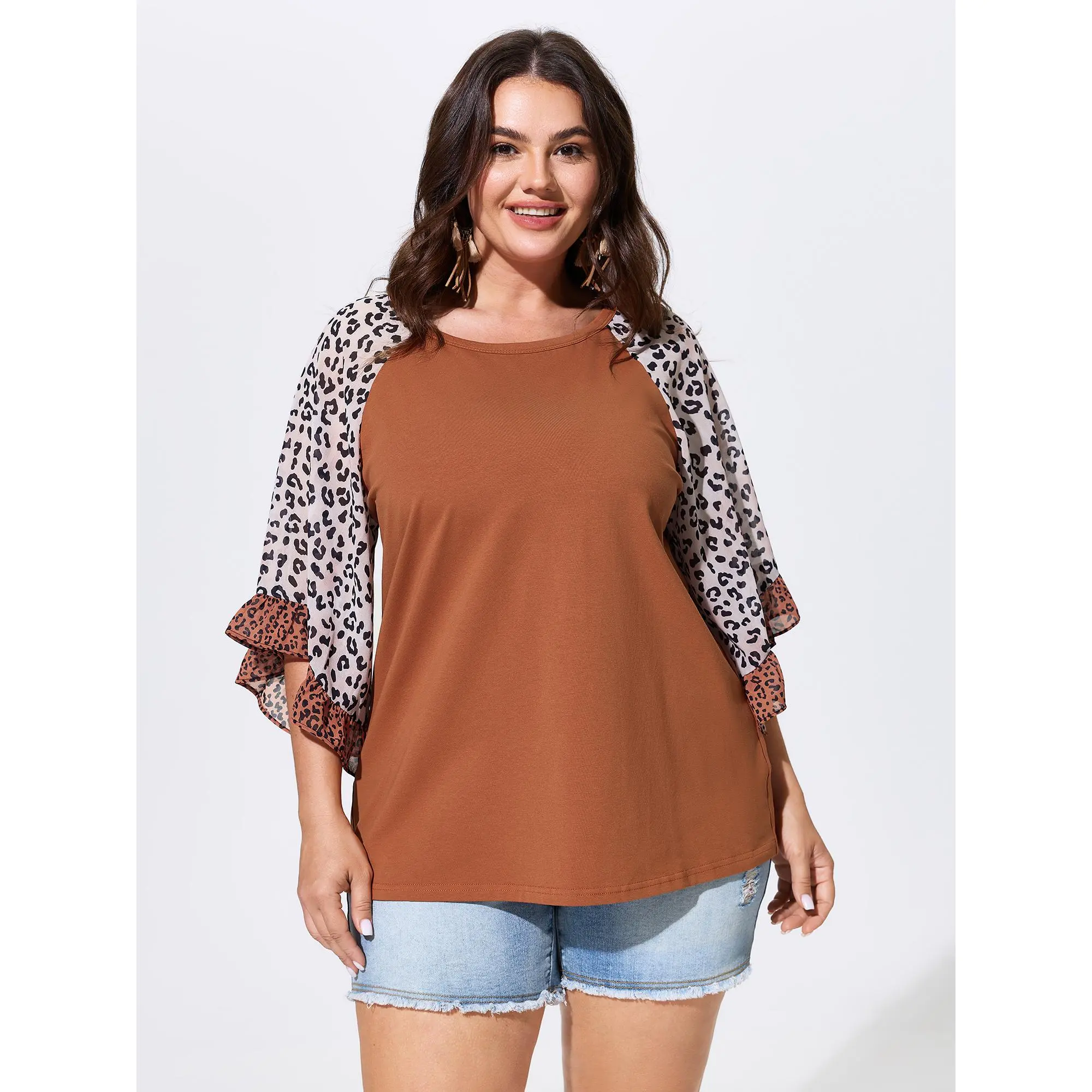 BloomChic Plus Size Casual Boho Top, Coral Leopard Print Cotton Knit with Short Ruffle Sleeves, Blouses, Garment, Fabric, Polyester, Plus Size Fashion, Cotton Blend, Fit, Shirts, Lady, Curvy Women Plus Size