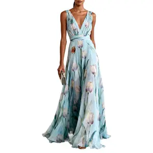 Women's Elegant Sleeveless V-Neck Blue Tulip Print Formal Dress, European-American Style for Banquets, Sports & Outdoor Event Wear, Formal Dresses For Women