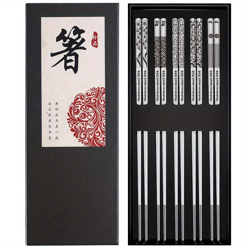 Metal Chopsticks Gift Set - Kitchenware, Home, Reusable, Dishwasher Safe Stainless Steel Sushi Pairs with Elegant Patterns, Non-Slip, Japanese Chopsticks High Quality, Cute Sushi, Chopsticks for Beginners, Kitchen Essentials