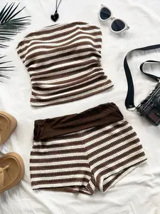 NELSONMIS 2pcs Set Ruched Bandeau & Low Waist Shorts In Red & White Contrast Color Textured Crochet Knit For Vacation Summer